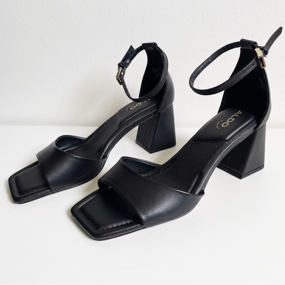 NEW ALDO Safdie Ankle strap heels sandal Block heel square toe black leather 8.5 - Picture 4 of 16
